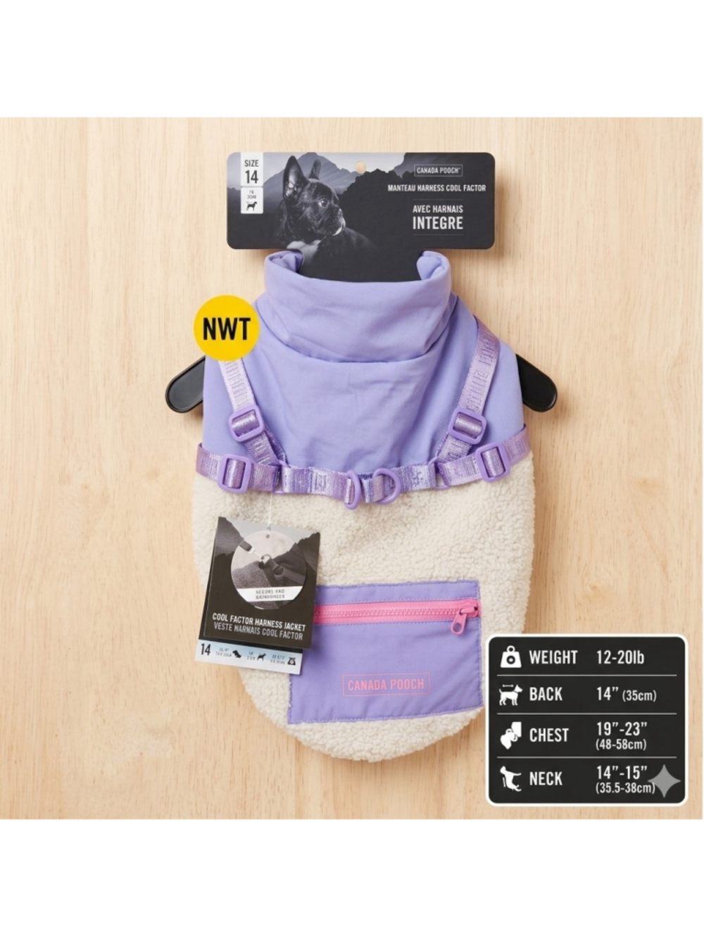 Canada Pooch Cool Factor Harness Jacket Lavender Purple Dog Coat Size 14 NWT